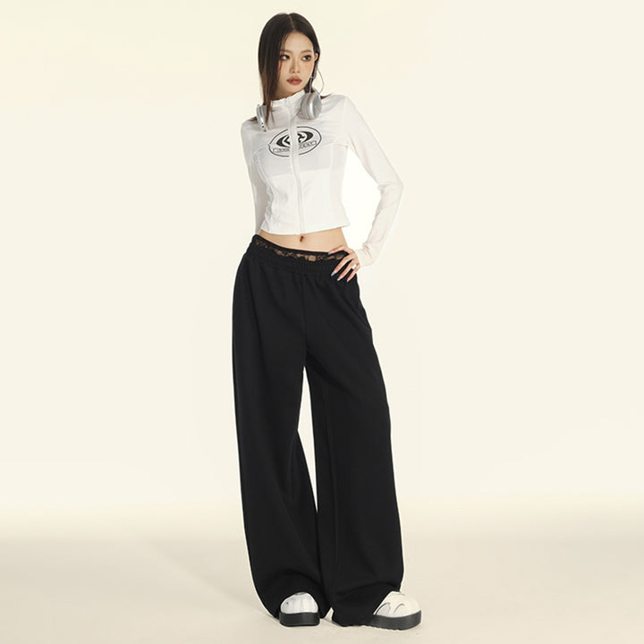 Lace Trim High Waist Slim Straight Wide Leg Pants