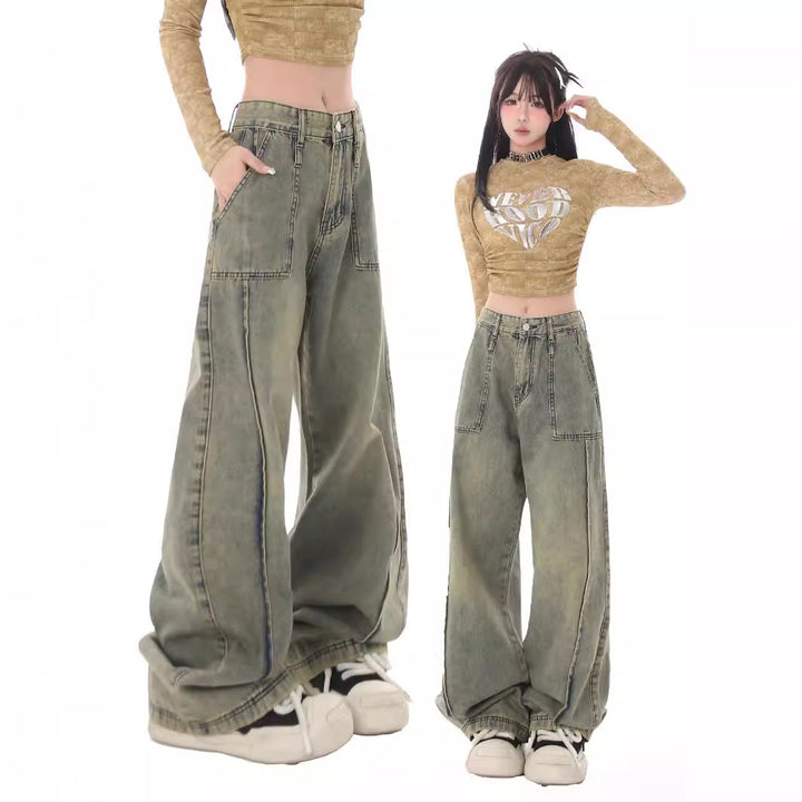 Retro panel loose denim jeans