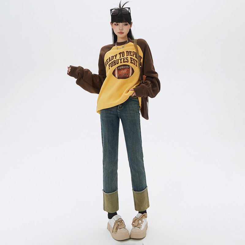 High waist elastic cuffed small straight jeans