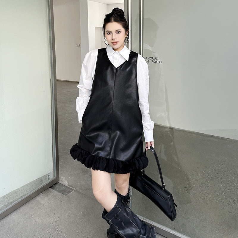 Puff sleeve collar shirt & PU leather v-neck onepiece