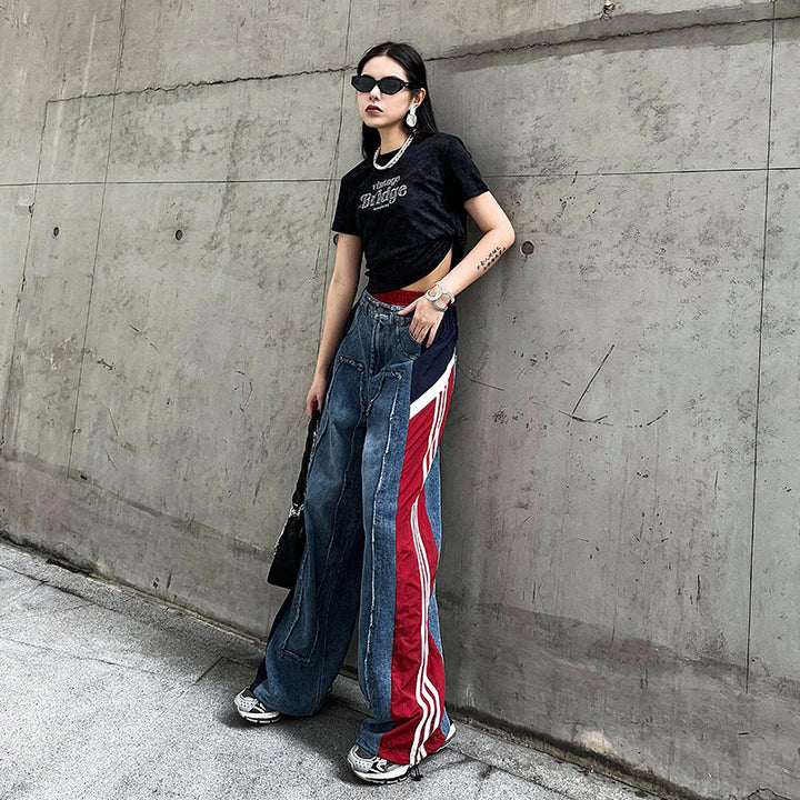 Street color patchwork loose jeans