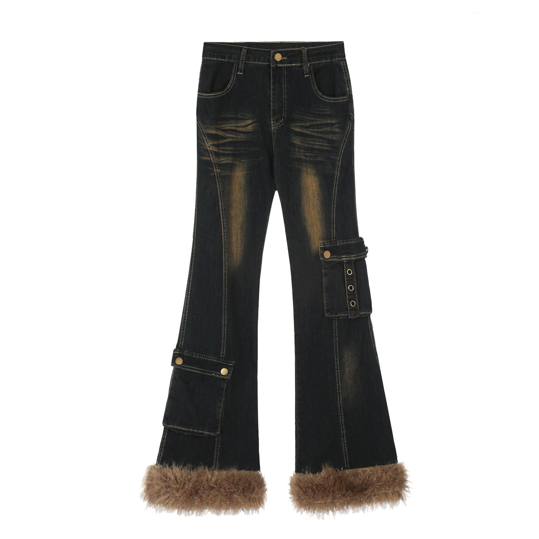 Fur washed flare denim pants