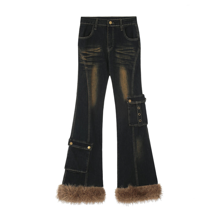Fur washed flare denim pants
