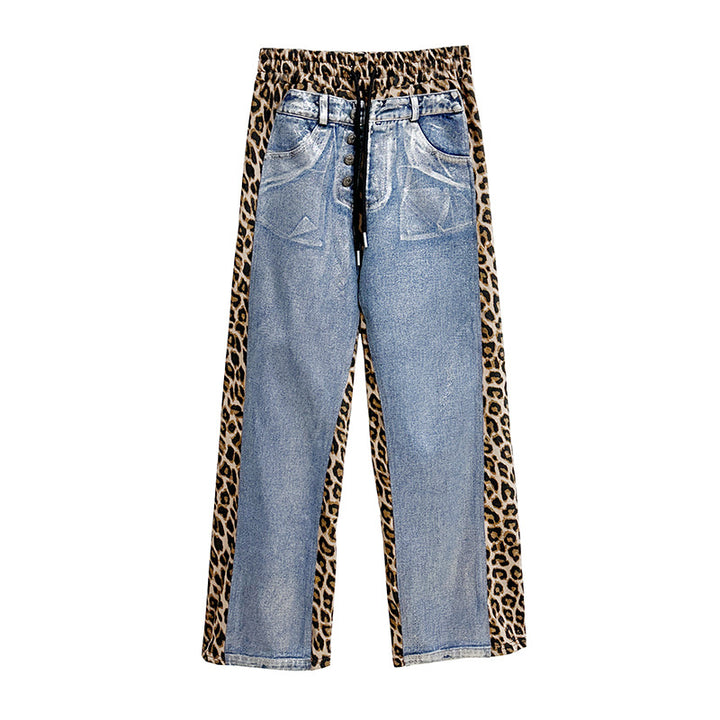 Silver plated wash denim patchwork leopard print casual pants