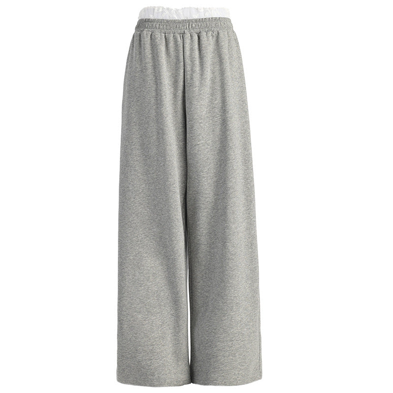 Lace Trim High Waist Slim Straight Wide Leg Pants