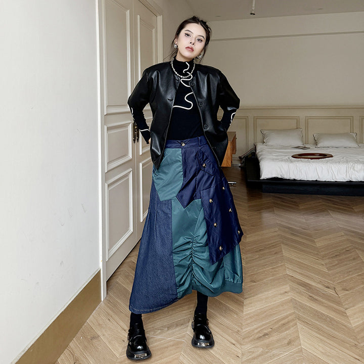 Wash denim patchwork A line skirt