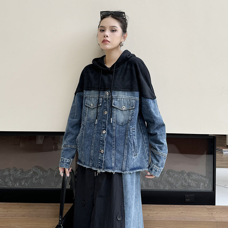 Wash denim patchwork hoodie jacket