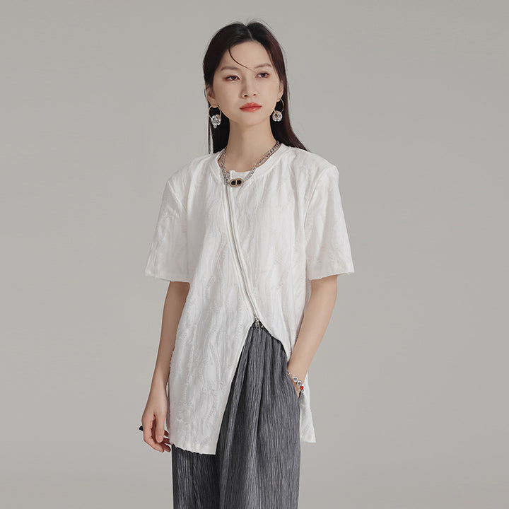 Zipper Short Sleeve Loose Top