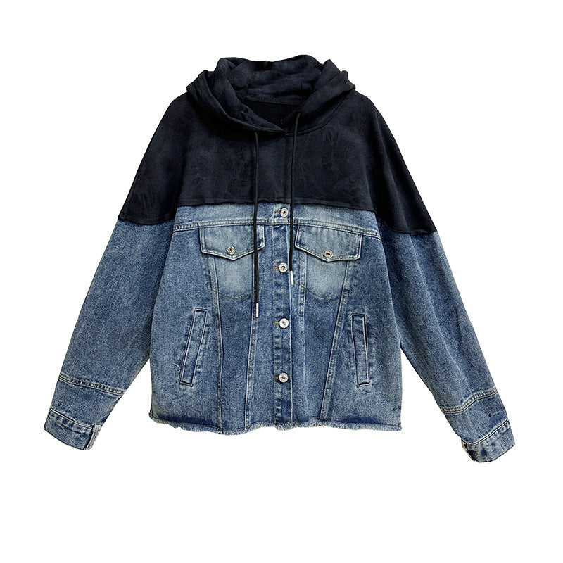 Wash denim patchwork hoodie jacket