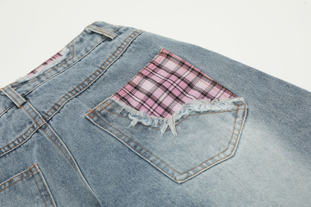 Street Style Plaid Cut Patchwork Straight Jeans