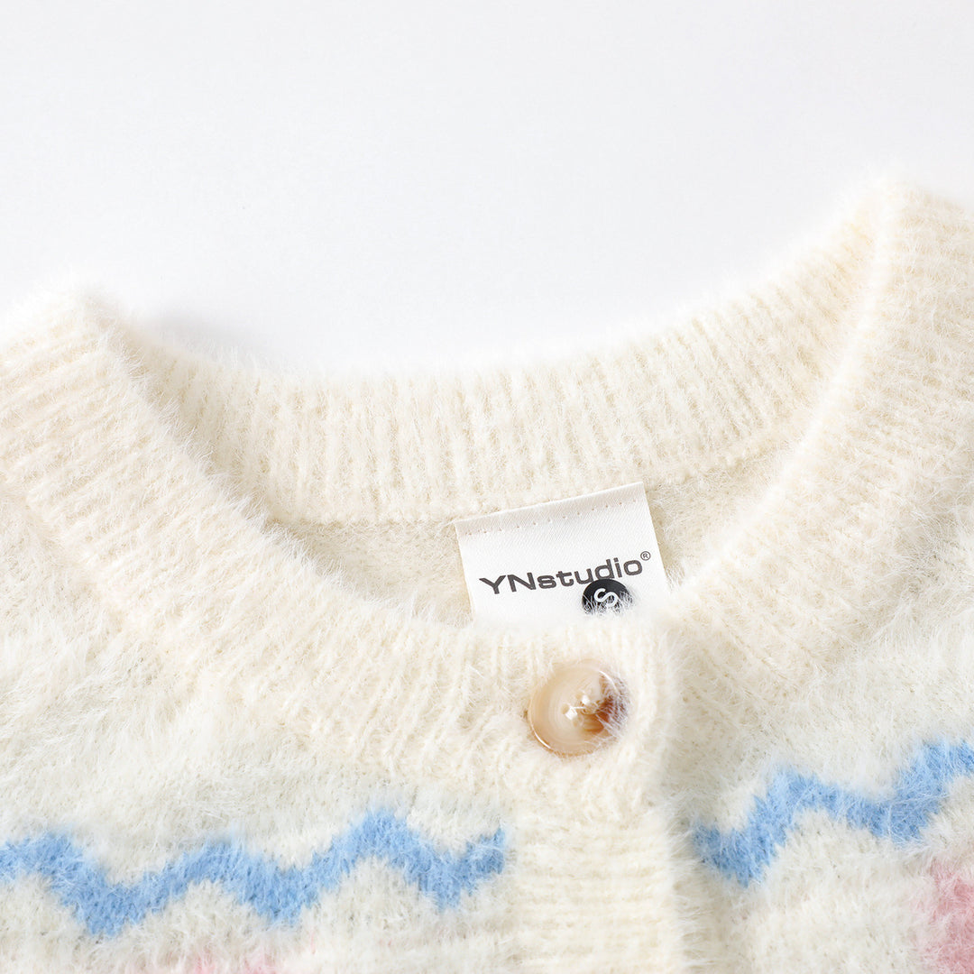 Pattern design crew neck knit cardigan