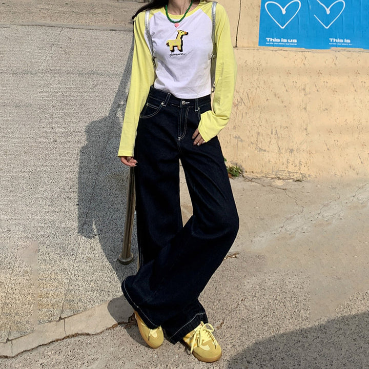 Retro high waist loose wide-leg jeans