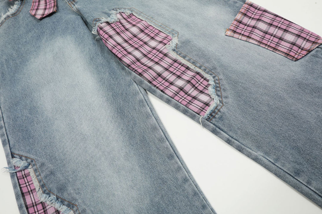 Street Style Plaid Cut Patchwork Straight Jeans