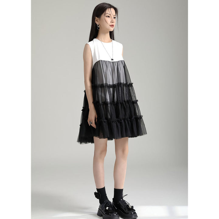 Tulle Tiered Sleeveless Long Blouse