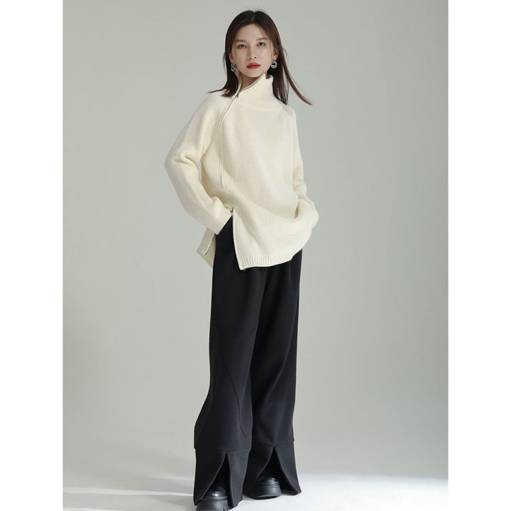 Asymmetry Side Slit Zipper High Neck Knit