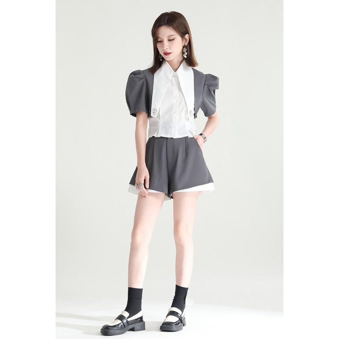 Puff Sleeve Compact Blouse & Monotone Layered Pants