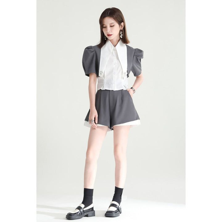 Puff Sleeve Compact Blouse & Monotone Layered Pants