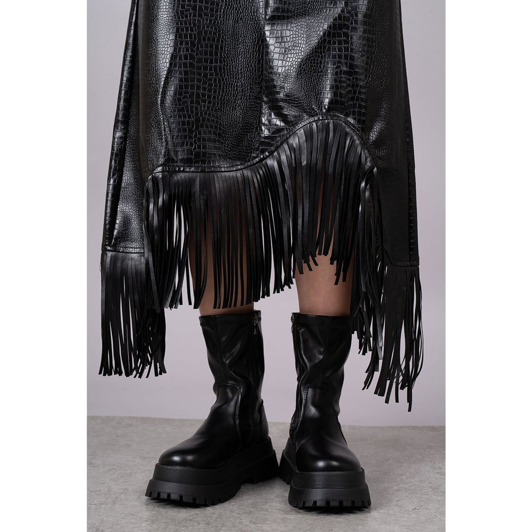 Embossed PU Leather Asymmetry Fringe Skirt