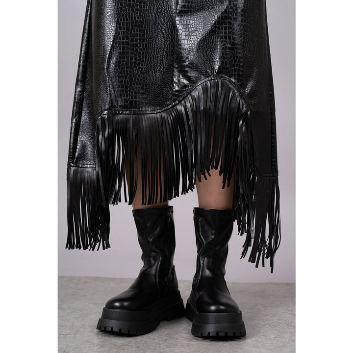 Embossed PU Leather Asymmetry Fringe Skirt