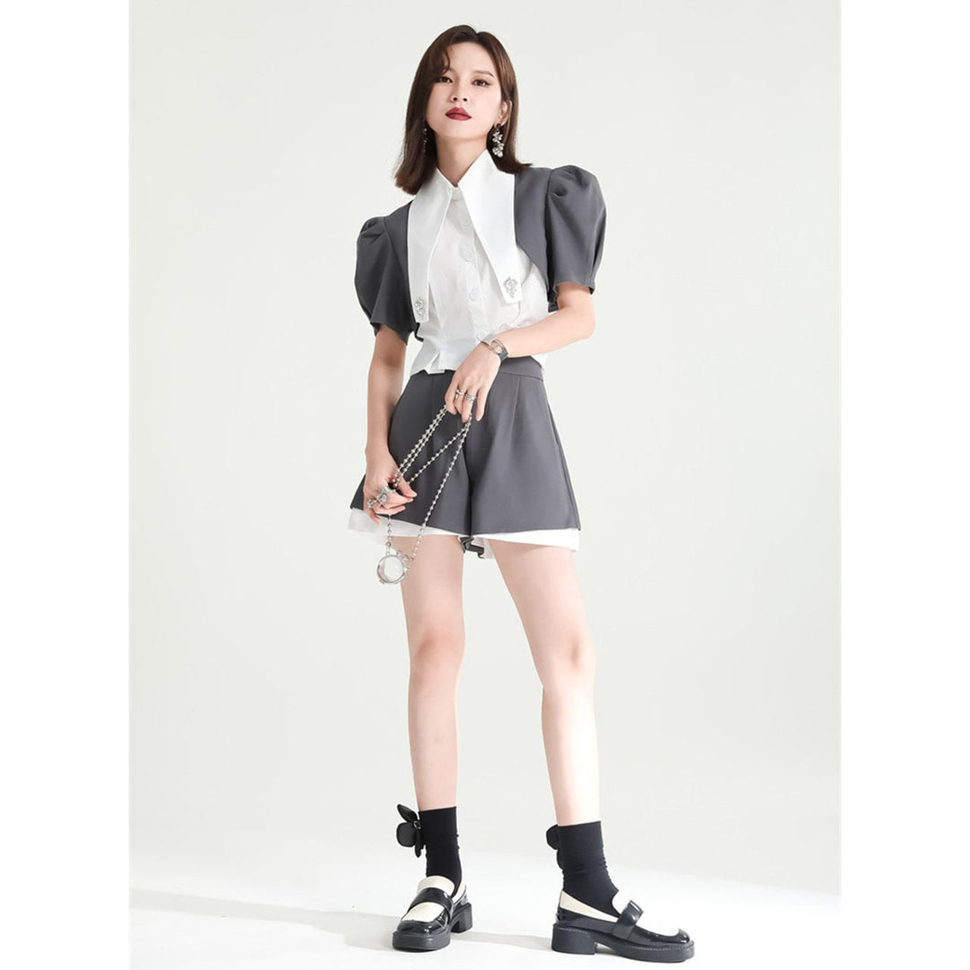 Puff Sleeve Compact Blouse & Monotone Layered Pants