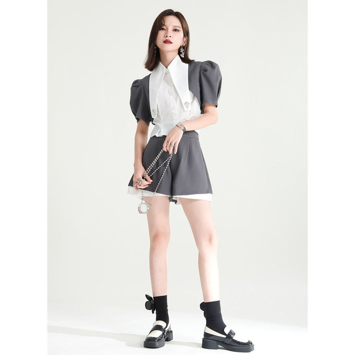 Puff Sleeve Compact Blouse & Monotone Layered Pants