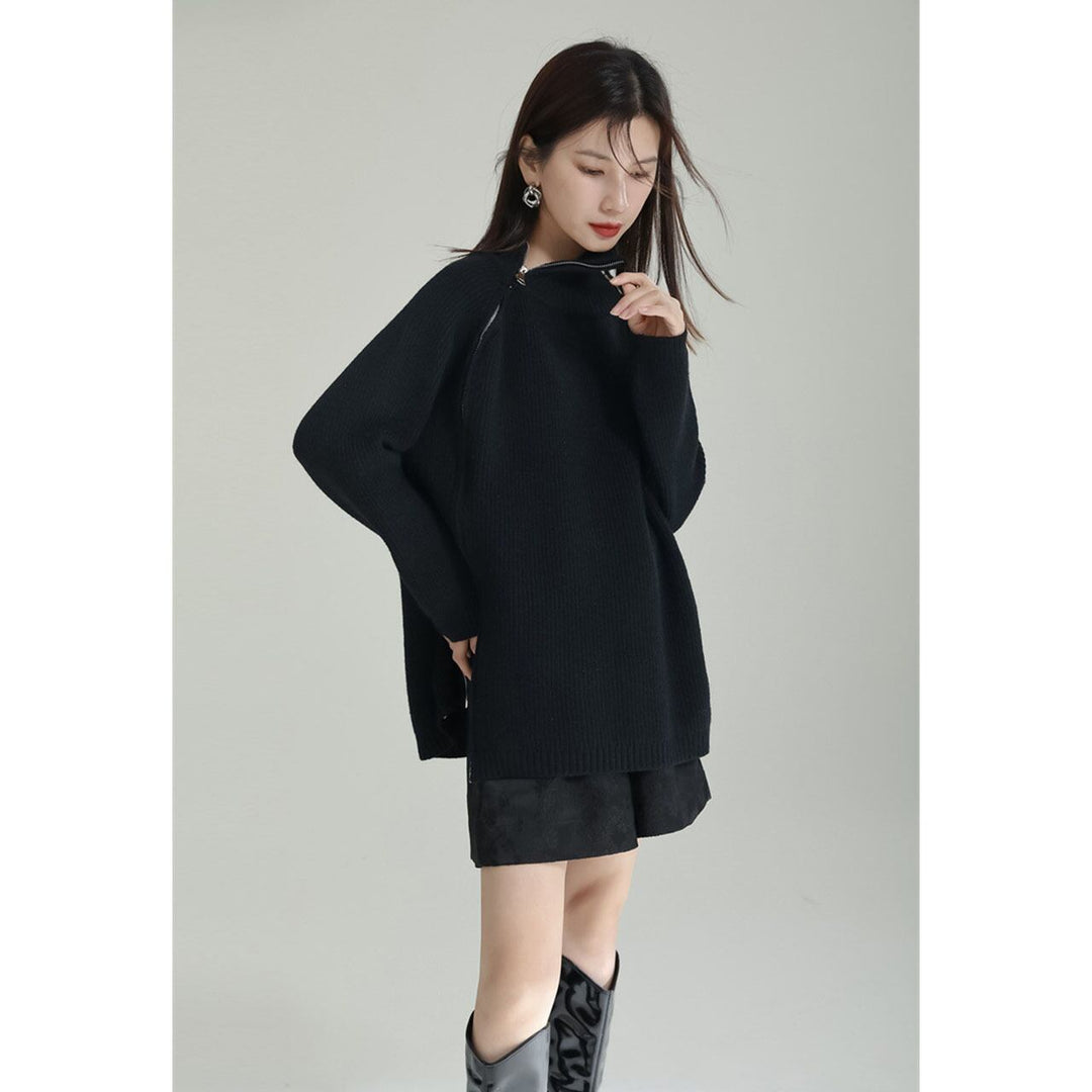 Asymmetry Side Slit Zipper High Neck Knit