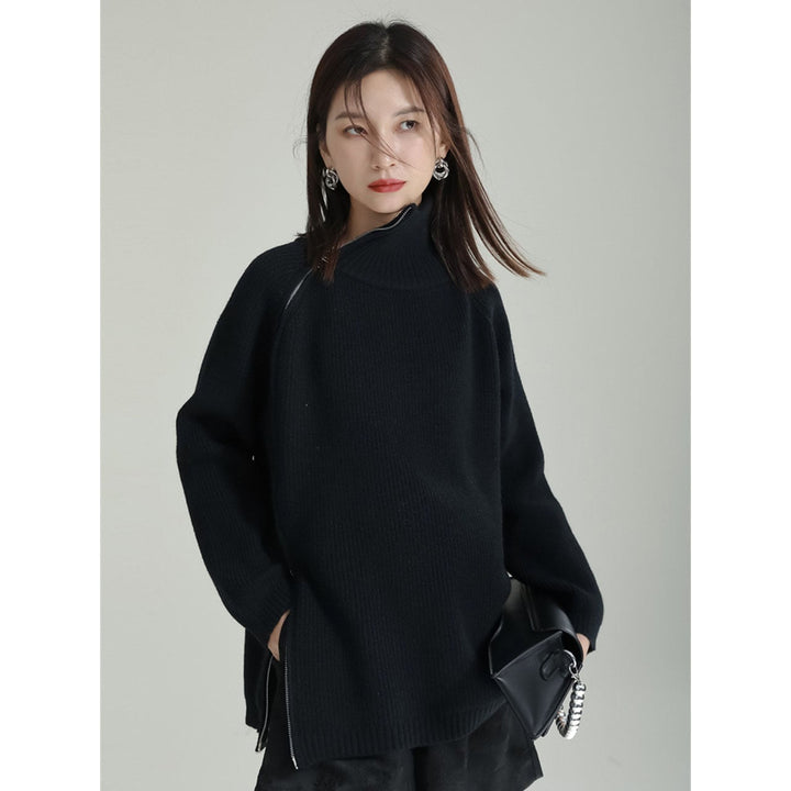Asymmetry Side Slit Zipper High Neck Knit
