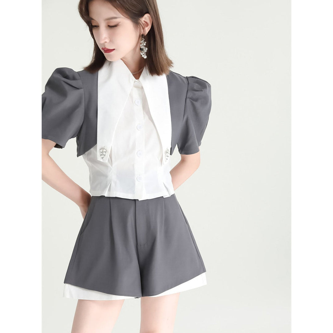 Puff Sleeve Compact Blouse & Monotone Layered Pants