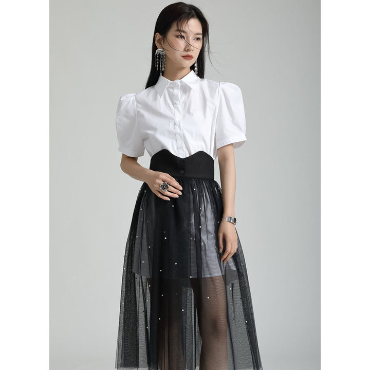 Power Shoulder Long Shirt & Tulle Skirt