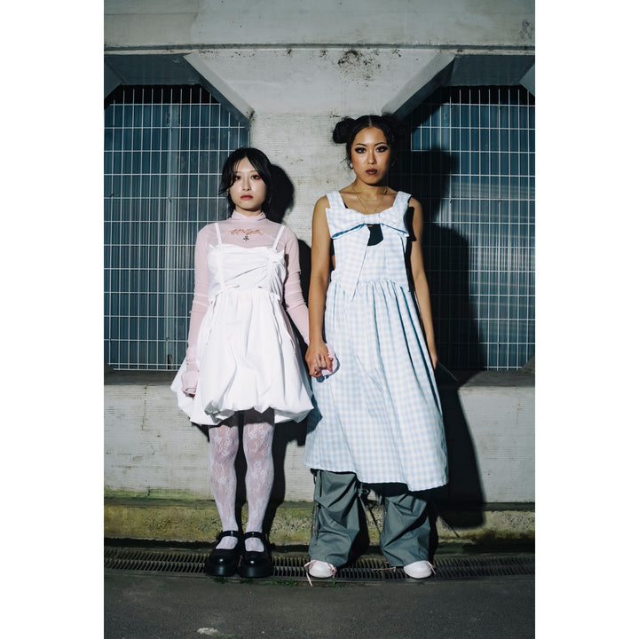 Front ribbon sleeveless onepiece (Gingham Light Blue)  ¥8,980 / ¥9,480