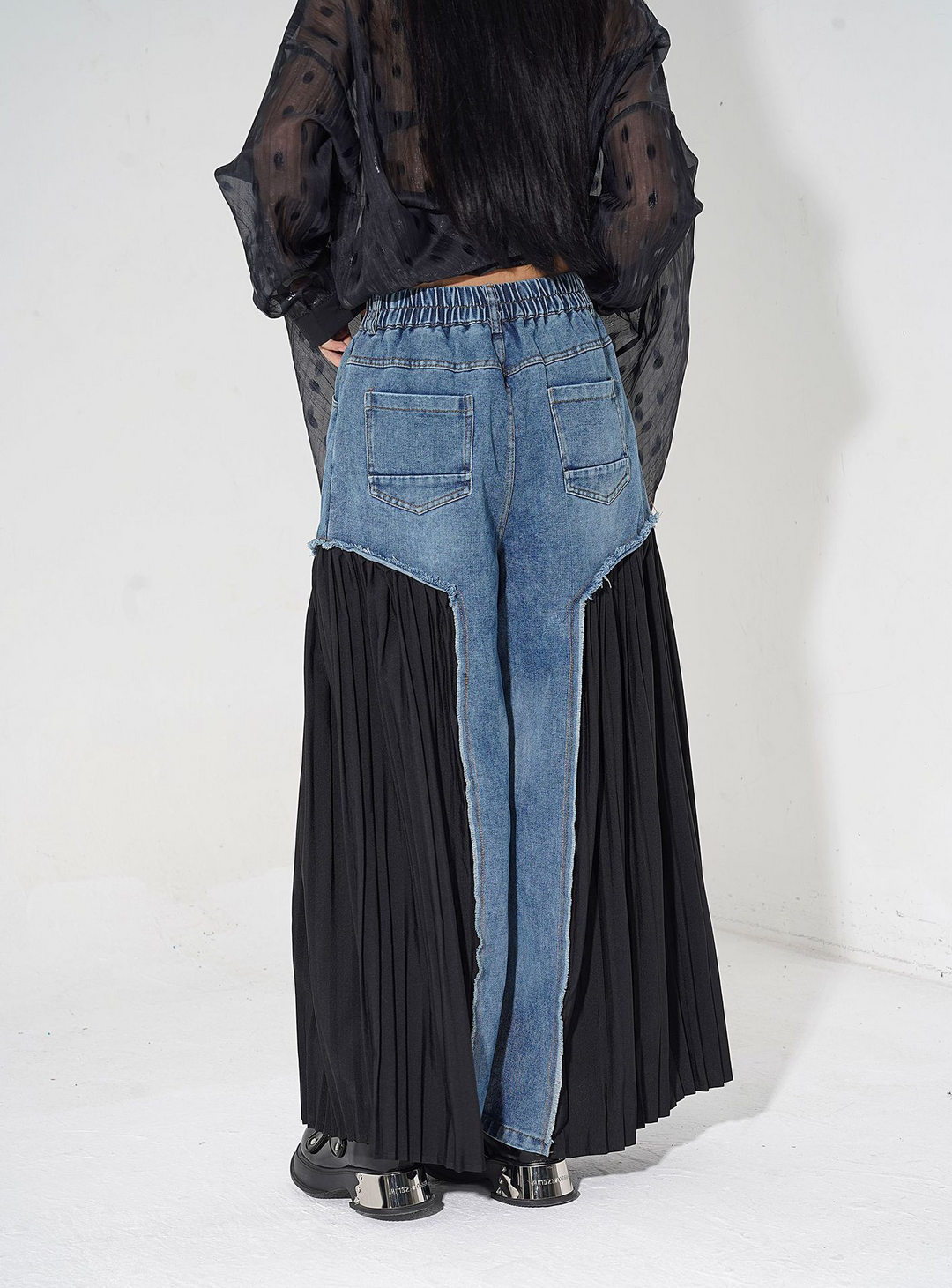 [¥0] Pleated niche design patchwork washable denim