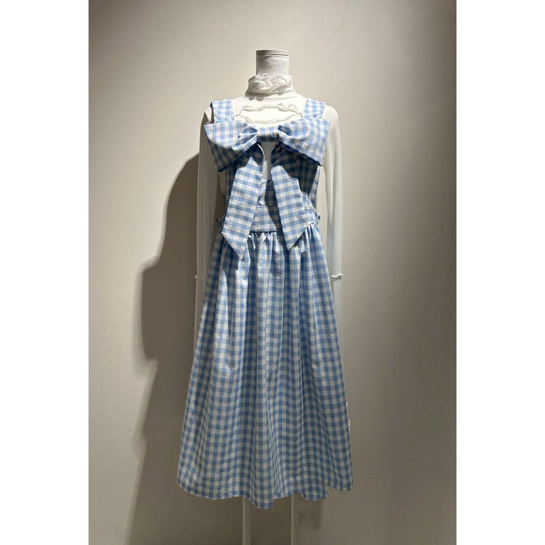 Front ribbon sleeveless onepiece (Gingham Light Blue)  ¥8,980 / ¥9,480