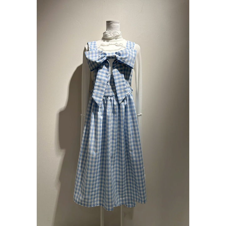 Front ribbon sleeveless onepiece (Gingham Light Blue)  ¥8,980 / ¥9,480