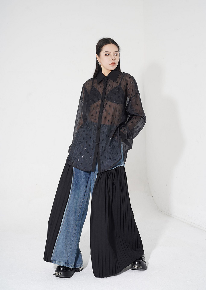 [¥0] Pleated niche design patchwork washable denim