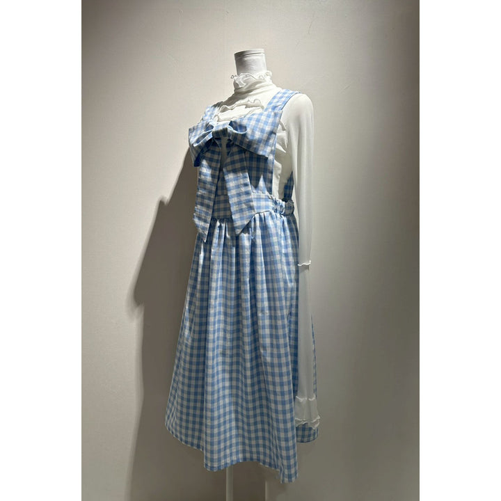 Front ribbon sleeveless onepiece (Gingham Light Blue)  ¥8,980 / ¥9,480