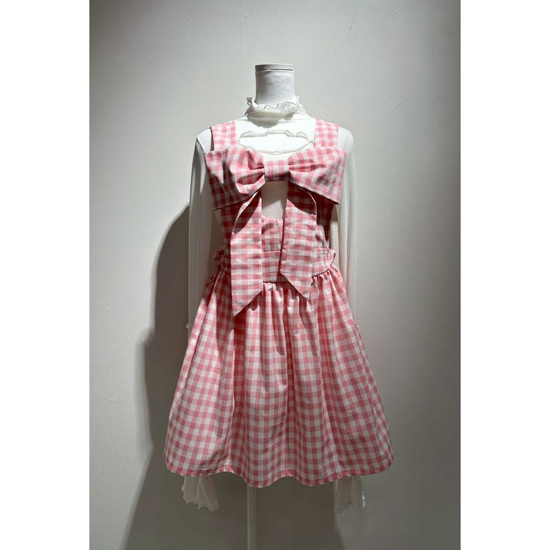 Front ribbon sleeveless onepiece (Gingham Pink)  ¥8,980 / ¥9,480