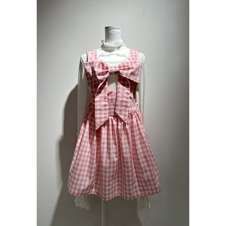 Front ribbon sleeveless onepiece (Gingham Pink)  ¥8,980 / ¥9,480