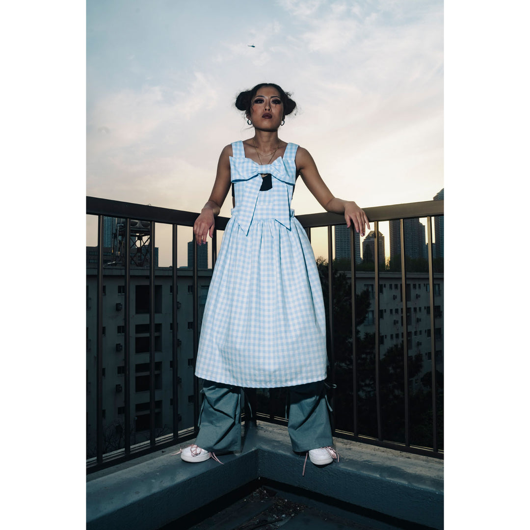 Front ribbon sleeveless onepiece (Gingham Light Blue)  ¥8,980 / ¥9,480