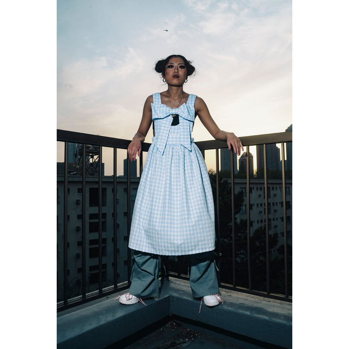 Front ribbon sleeveless onepiece (Gingham Light Blue)  ¥8,980 / ¥9,480