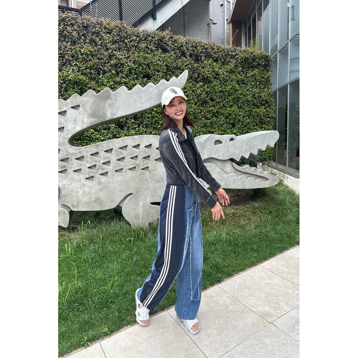 [a__muguet] Color contrast stitching cuffed high waist jeans