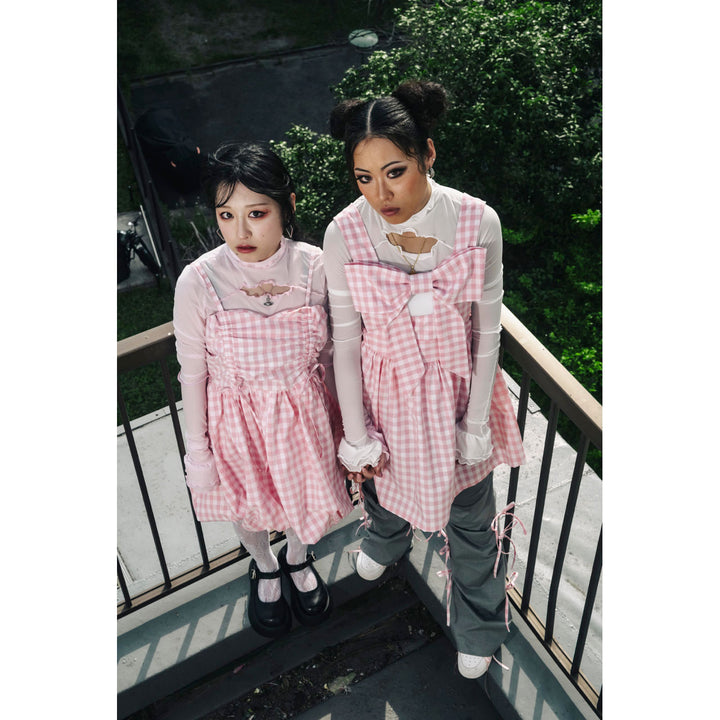 Front ribbon sleeveless onepiece (Gingham Pink)  ¥8,980 / ¥9,480