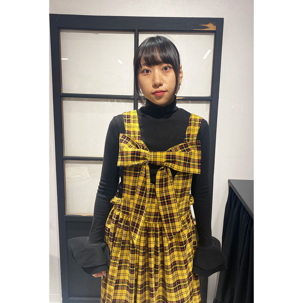 Front ribbon sleeveless onepiece (Yellow Check) ¥9,480