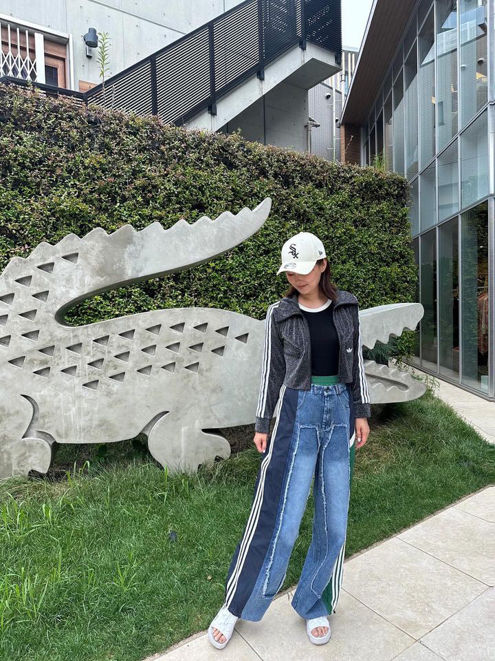 [a__muguet] Color contrast stitching cuffed high waist jeans