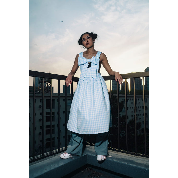 Front ribbon sleeveless onepiece (Gingham Light Blue)  ¥8,980 / ¥9,480