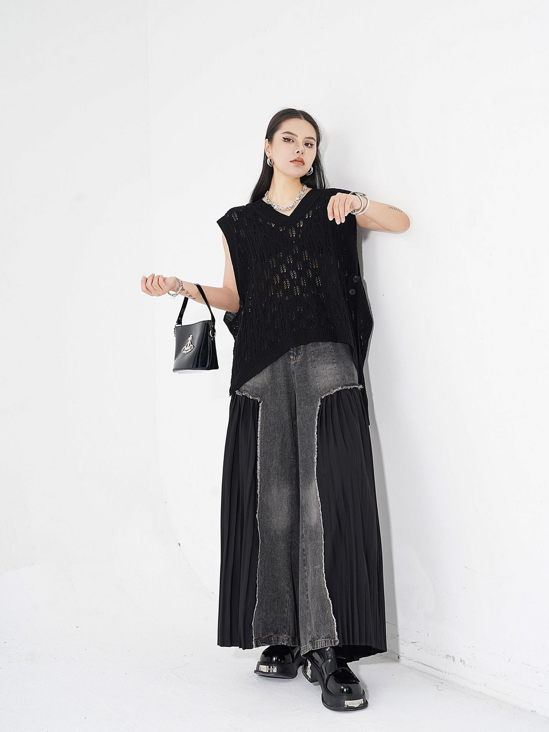[¥0] Pleated niche design patchwork washable denim