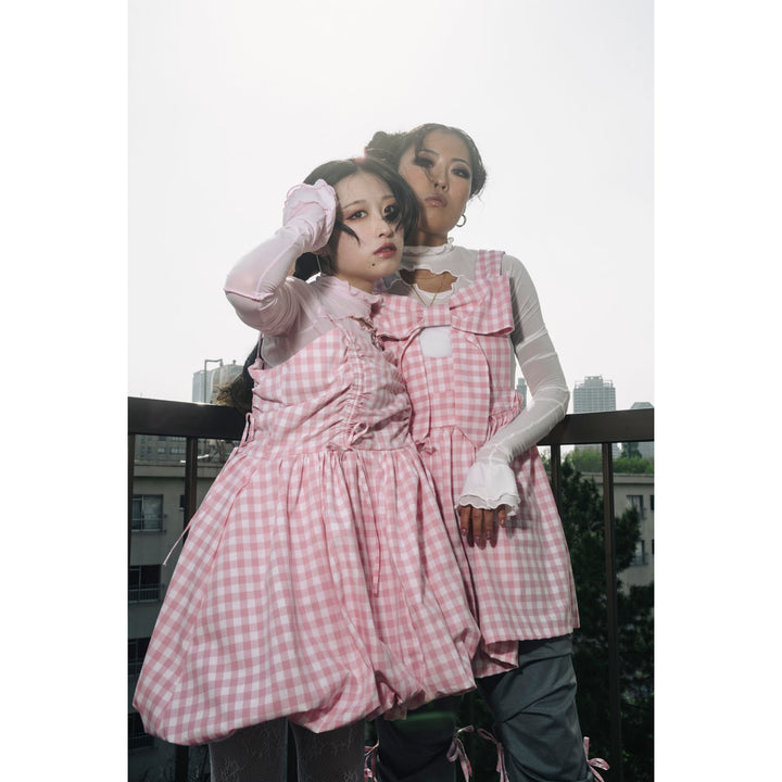 Front ribbon sleeveless onepiece (Gingham Pink)  ¥8,980 / ¥9,480