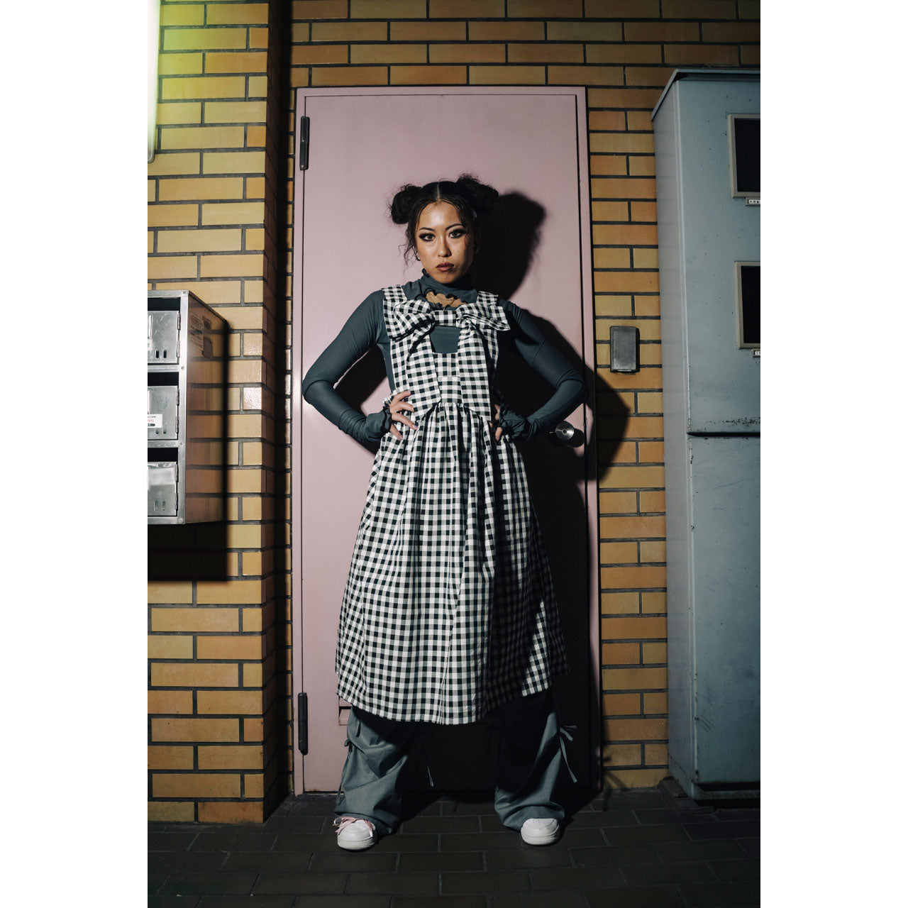 Front ribbon sleeveless onepiece (Gingham Black) ¥8,980