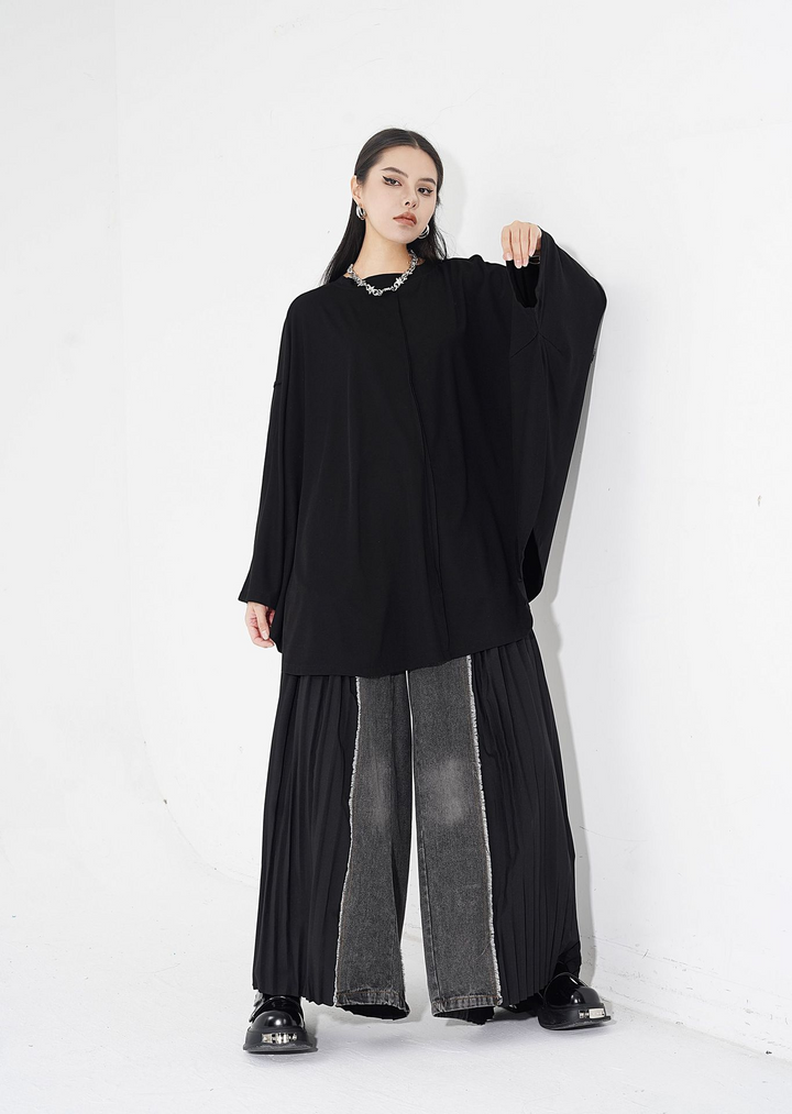 [¥0] Pleated niche design patchwork washable denim