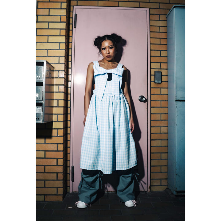 Front ribbon sleeveless onepiece (Gingham Light Blue)  ¥8,980 / ¥9,480