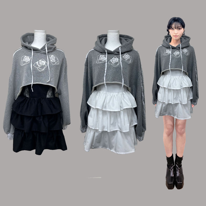 ୨୧1週間限定10％OFF୨୧ [ yy0904._] 緩苺 - Rose Embroidered Cropped Hoodie